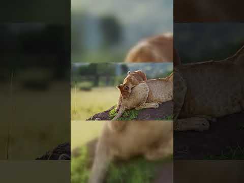 two lion cubs climbing the hill