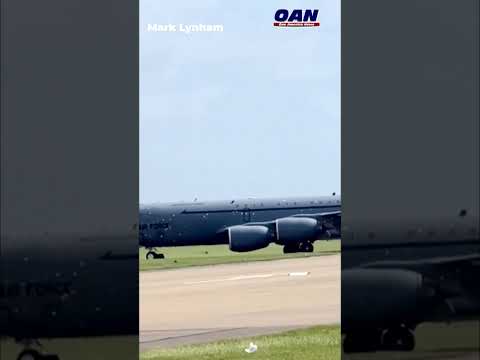 Damaged USAF KC‑135 refueling plane touching down at RAF Base